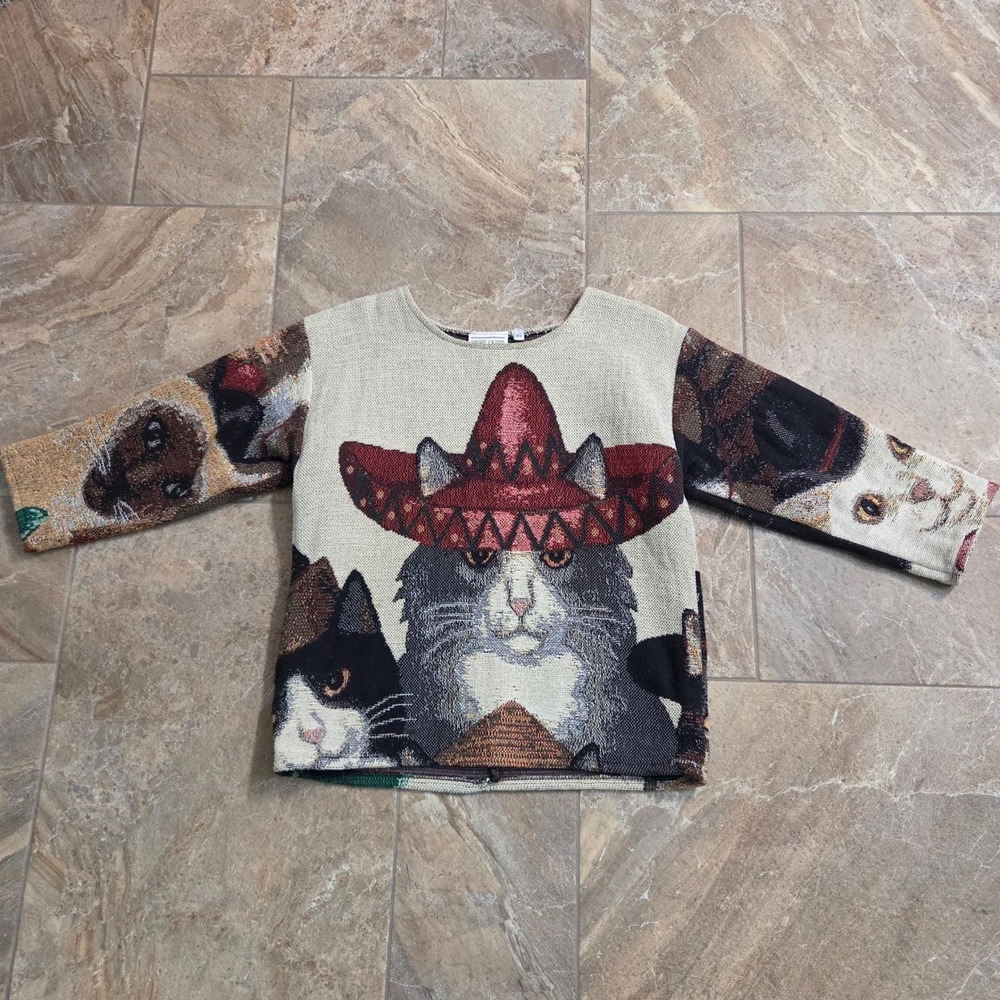 Heirlooms Laguna Beach Cat Sombrero Tapestry Sweater Womens XS Vintage Graphic